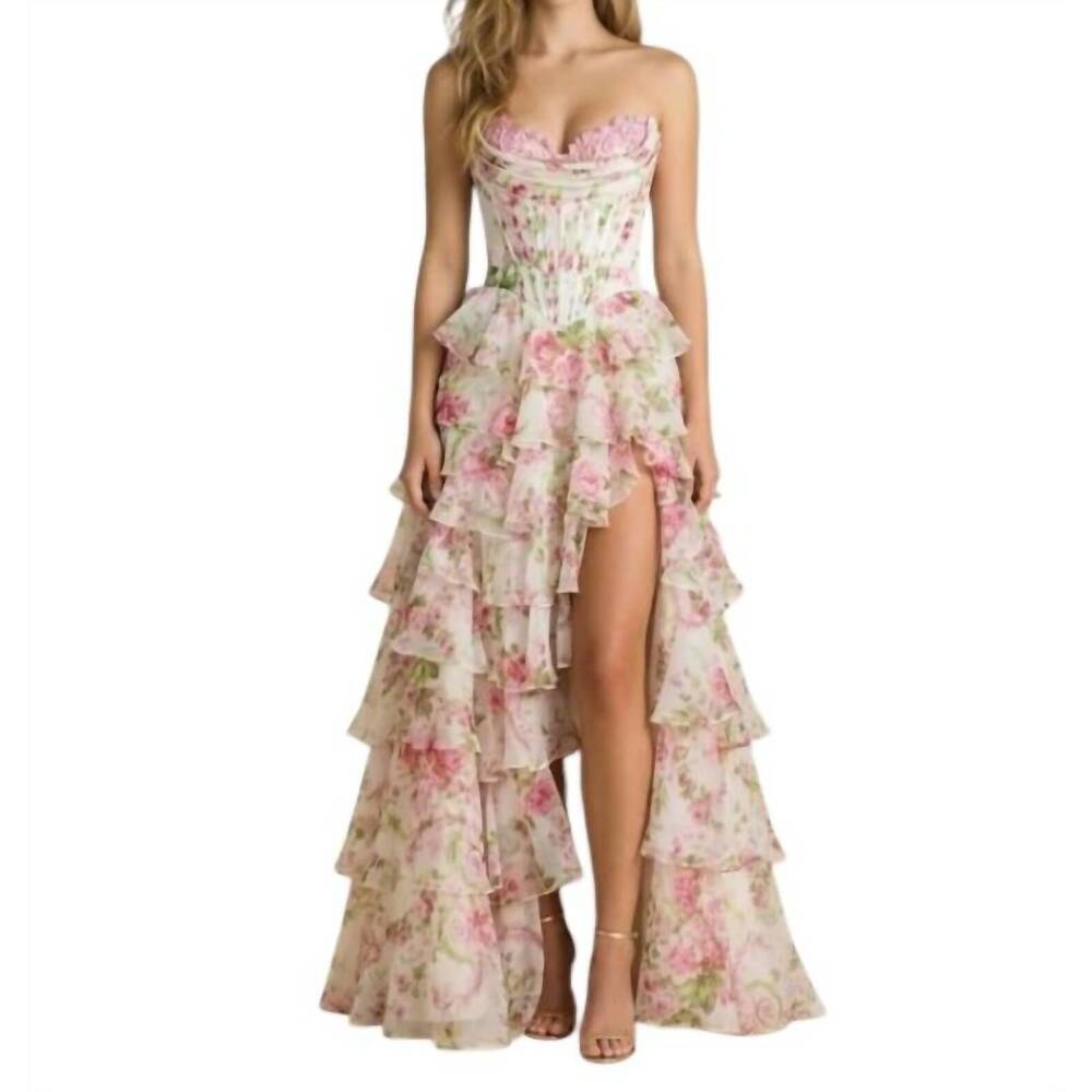 NEW COUTURE LEE strapless corset floral ball gown in white / pink